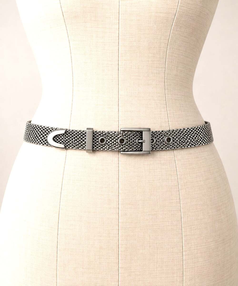 Vintage 90s Metal Mesh Chain Mail Belt Heavy Silver Tone Y2K Grommet Medium Larg